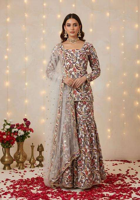 Off White Printed Cotton Sharara Set
