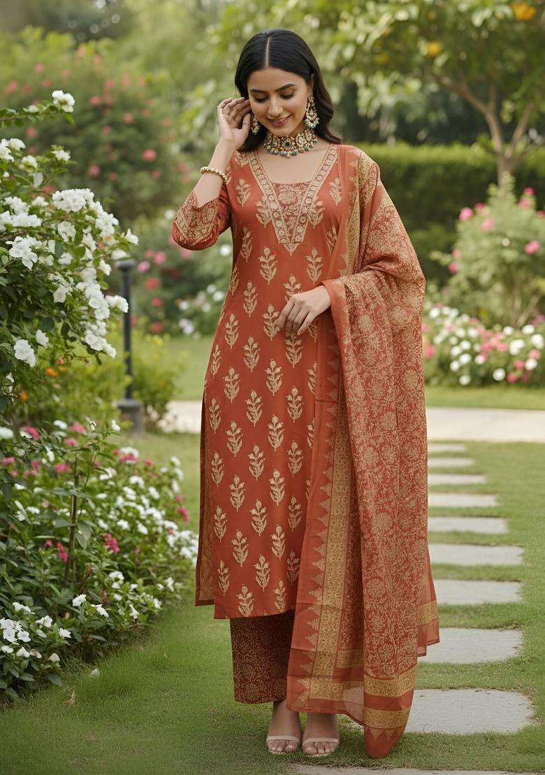 Rust Printed Cotton Palazzo Set - Indya