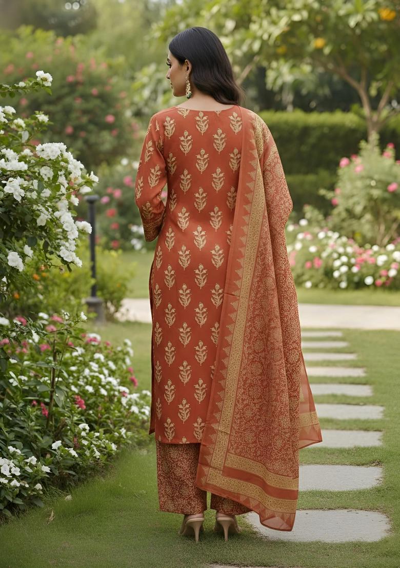 Rust Printed Cotton Palazzo Set - Indya