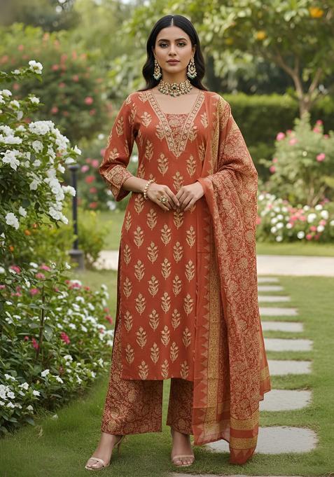 Rust Printed Cotton Palazzo Set