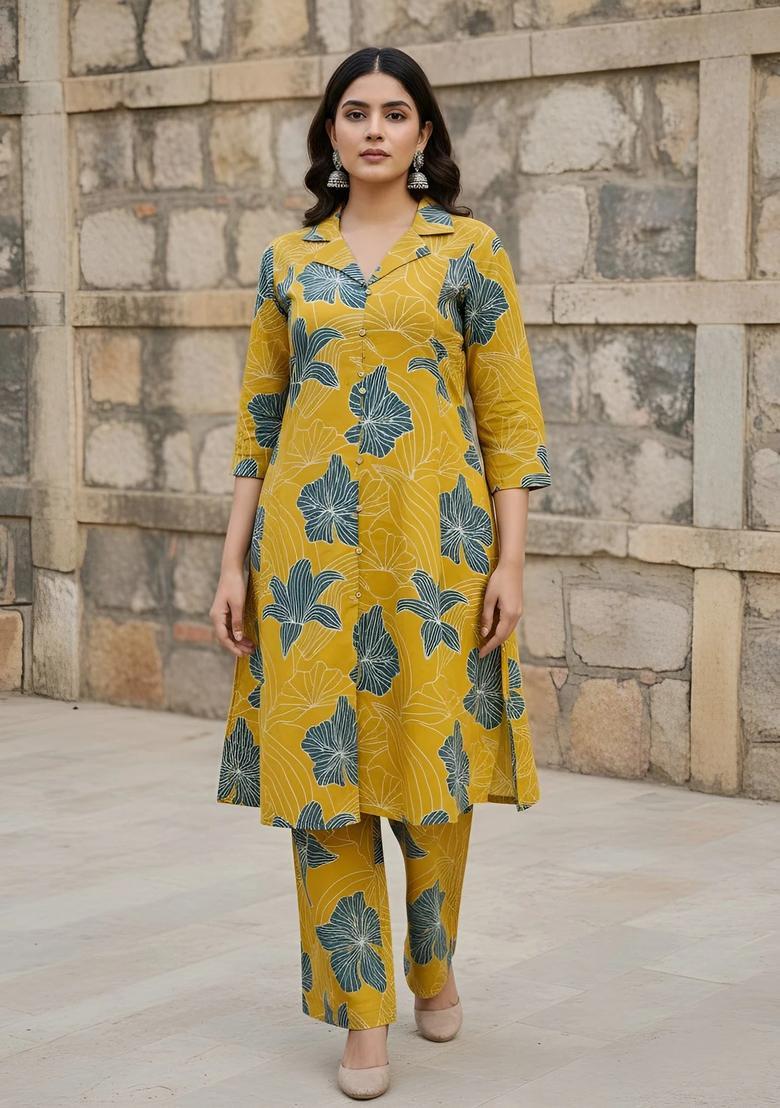 Yellow Printed Cotton Co Ords Set - Indya