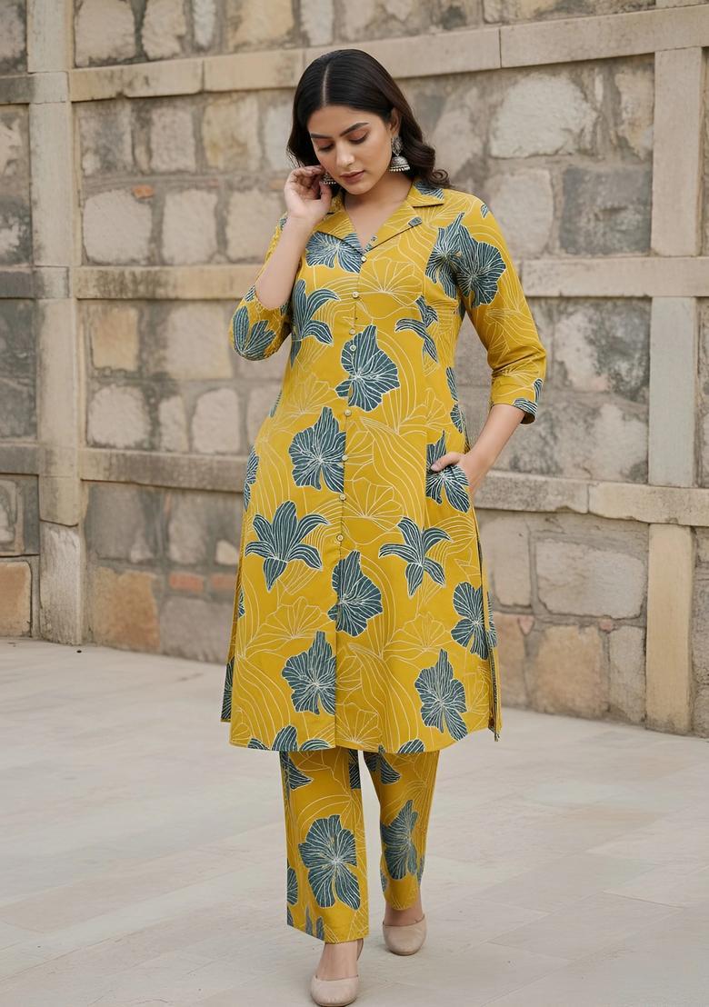 Yellow Printed Cotton Co Ords Set - Indya