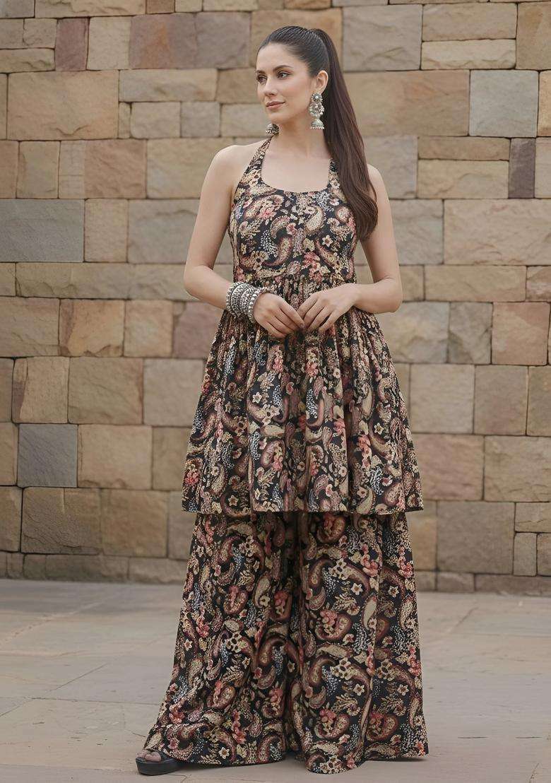 Black Printed Viscose Kurta Set - Indya