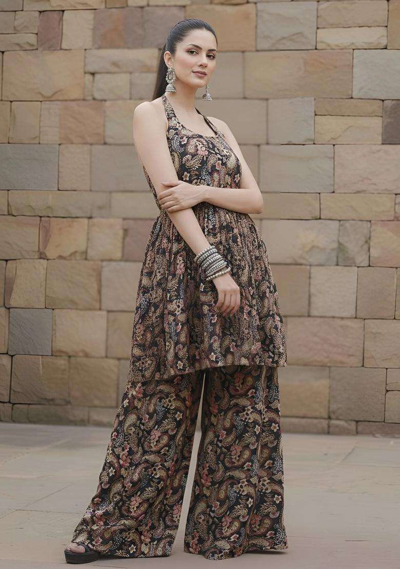 Black Printed Viscose Kurta Set - Indya