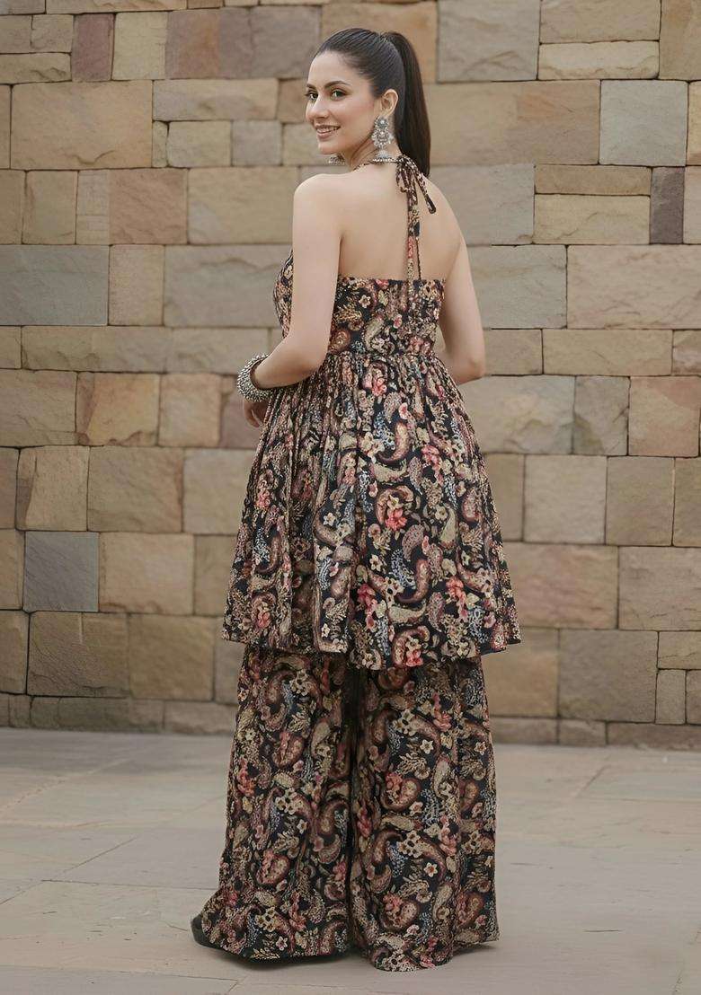 Black Printed Viscose Kurta Set - Indya
