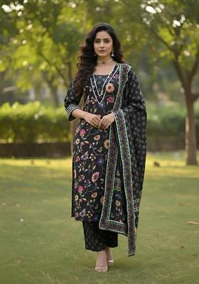 Black Floral Print Cotton Kurta Set