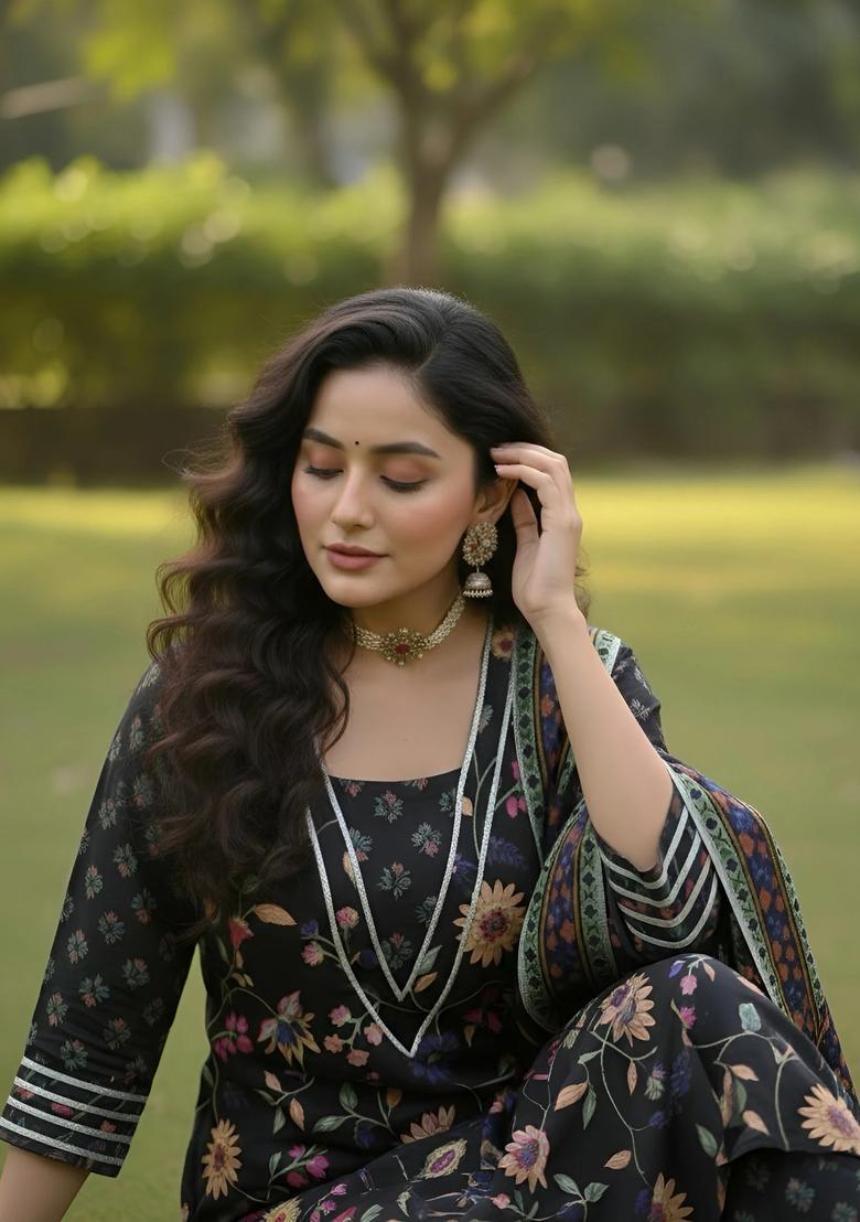 Black Floral Print Cotton Kurta Set - Indya
