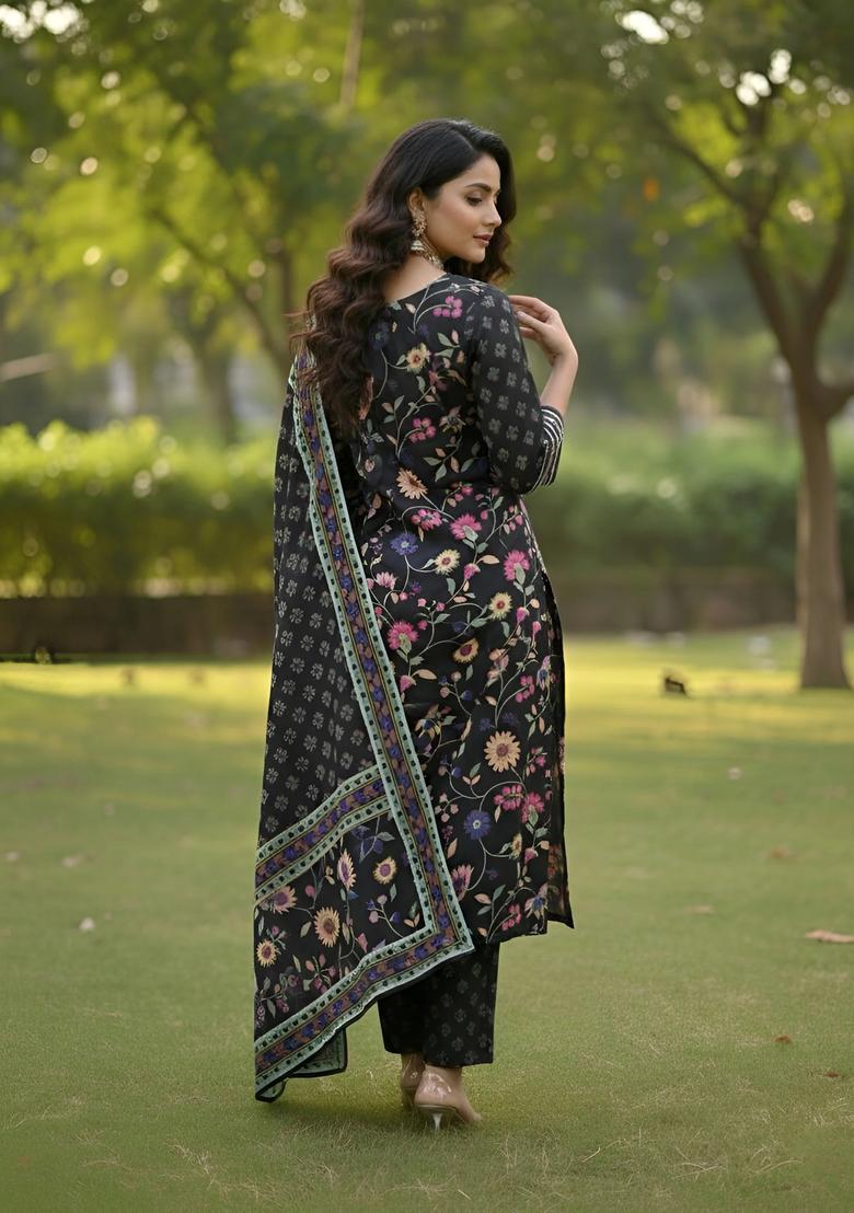 Black Floral Print Cotton Kurta Set - Indya