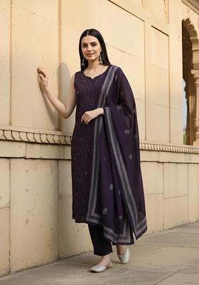 Purple Printed Cotton Kurta Set