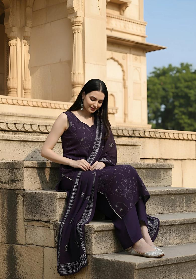 Purple Printed Cotton Kurta Set - Indya