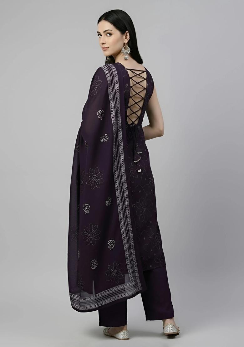 Purple Printed Cotton Kurta Set - Indya