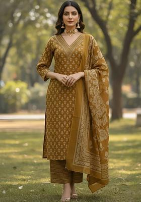 Yellow Printed Cotton Kurta Set