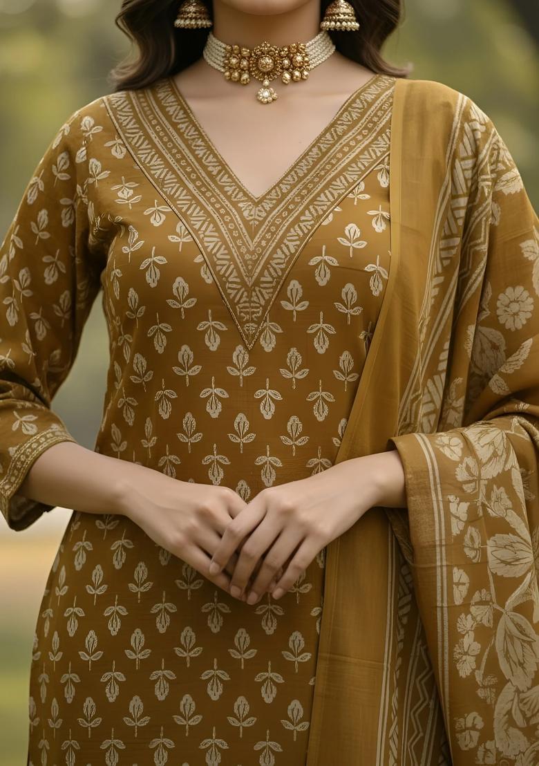 Yellow Printed Cotton Kurta Set - Indya