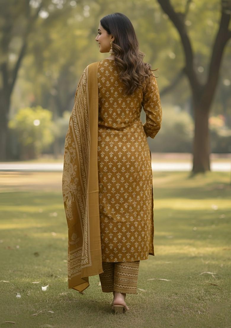 Yellow Printed Cotton Kurta Set - Indya