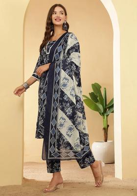 Navy Blue Printed Cotton Kurta Set