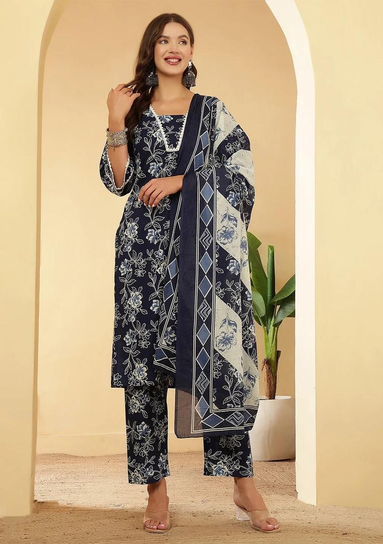Navy Blue Printed Cotton Kurta Set - Indya