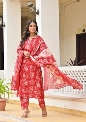Red Printed Cotton Kurta Set