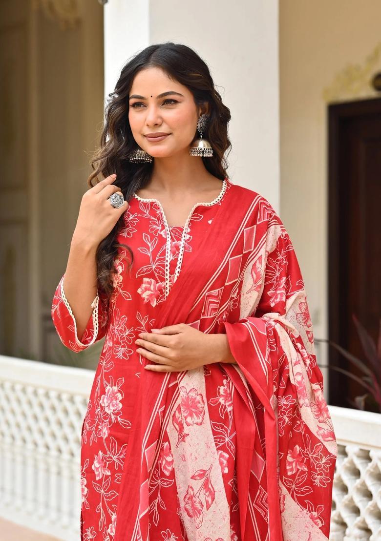 Red Printed Cotton Kurta Set - Indya