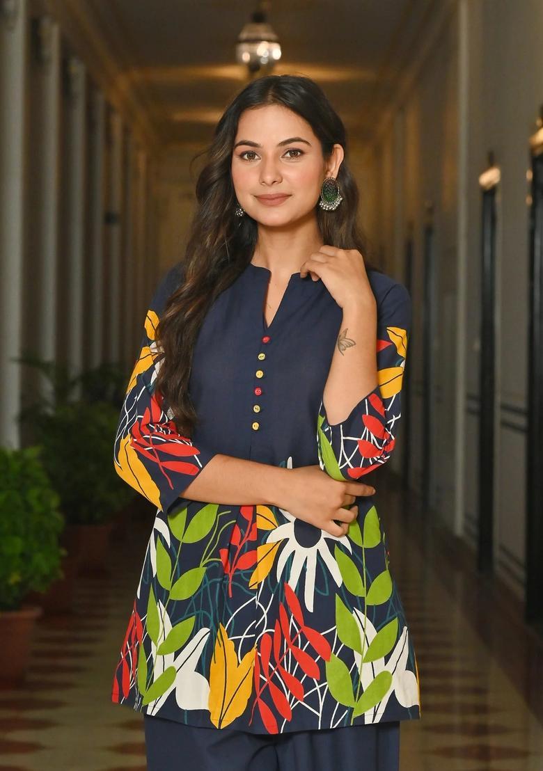 Blue Floral Print Cotton Co Ords Set - Indya