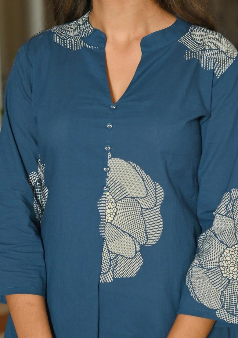 Blue Floral Print Cotton Co Ords Set - Indya
