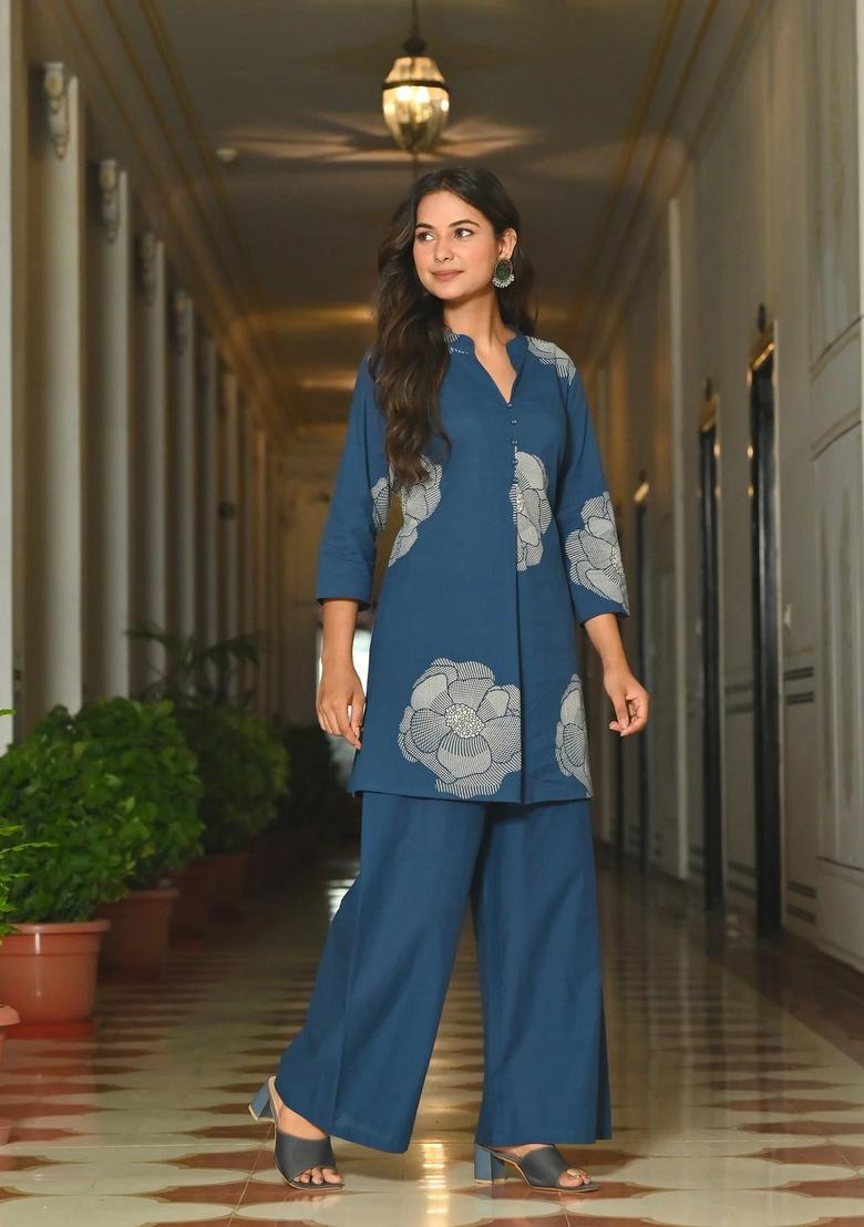 Blue Floral Print Cotton Co Ords Set - Indya