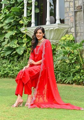 Red Printed Viscose Kurta Set