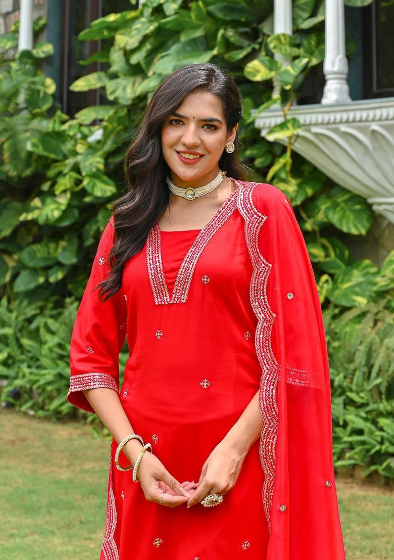 Red Printed Viscose Kurta Set - Indya