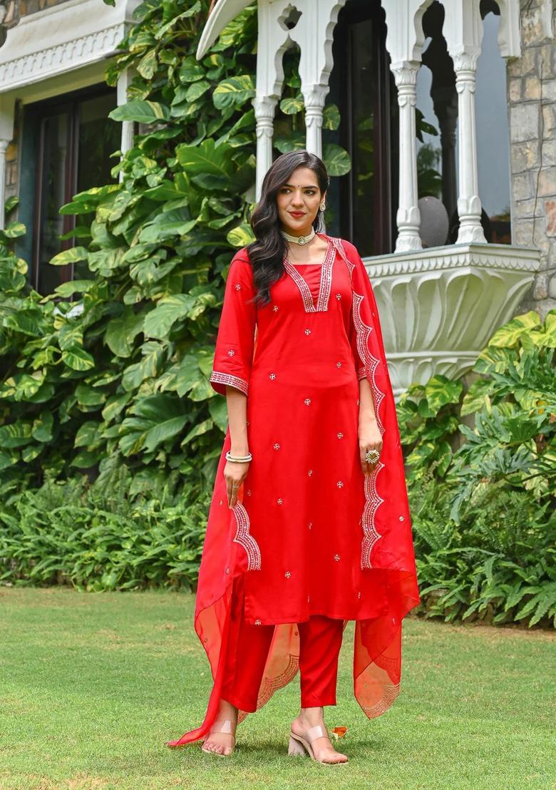 Red Printed Viscose Kurta Set - Indya