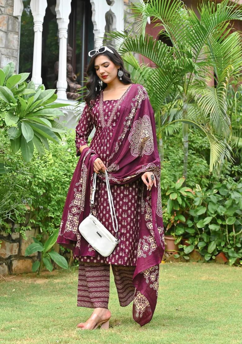 Burgundy Printed Cotton Palazzo Set - Indya