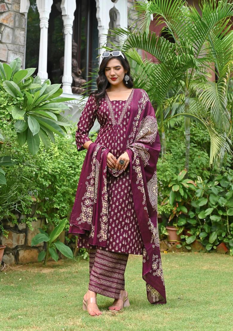 Burgundy Printed Cotton Palazzo Set - Indya