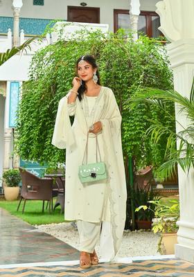 Off White Printed Viscose Kurta Set