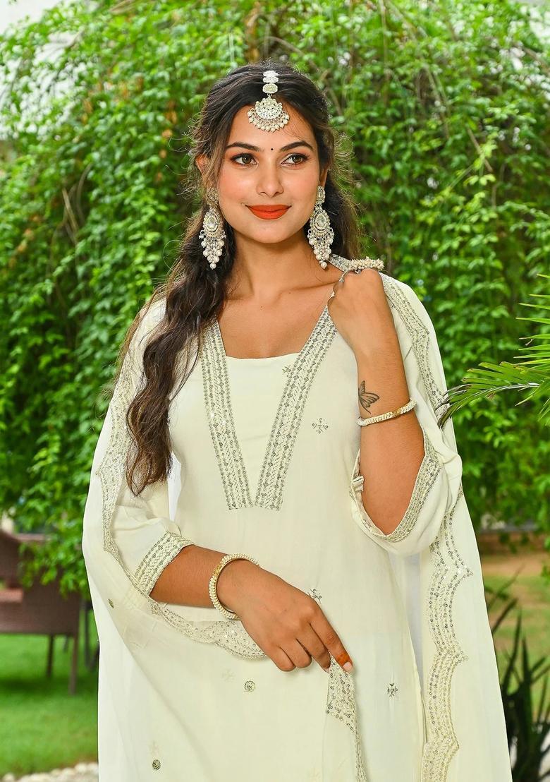 Off White Printed Viscose Kurta Set - Indya