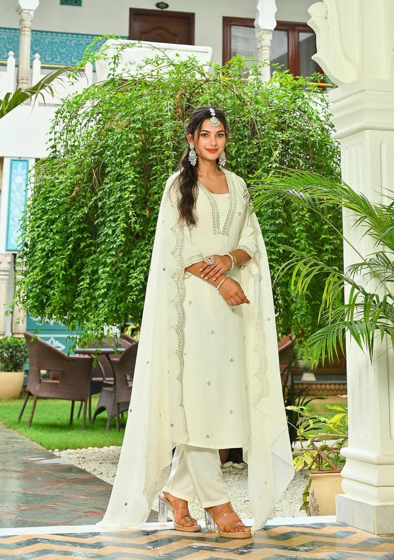 Off White Printed Viscose Kurta Set - Indya