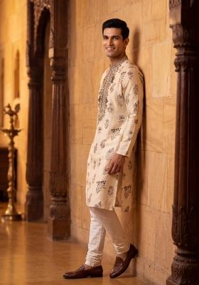 Cream Embroidery Work Silk Kurta Set