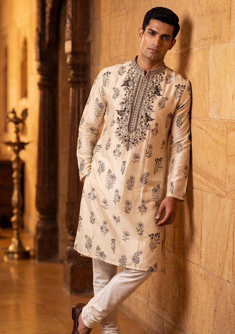 Cream Embroidery Work Silk Kurta Set - Indya