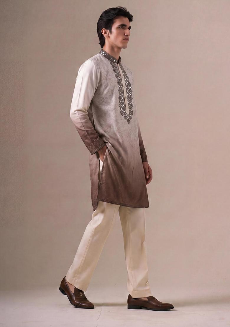 Light Purple Embroidery Work Silk Kurta Set - Indya