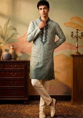Light Green Embroidery Work Silk Kurta Set