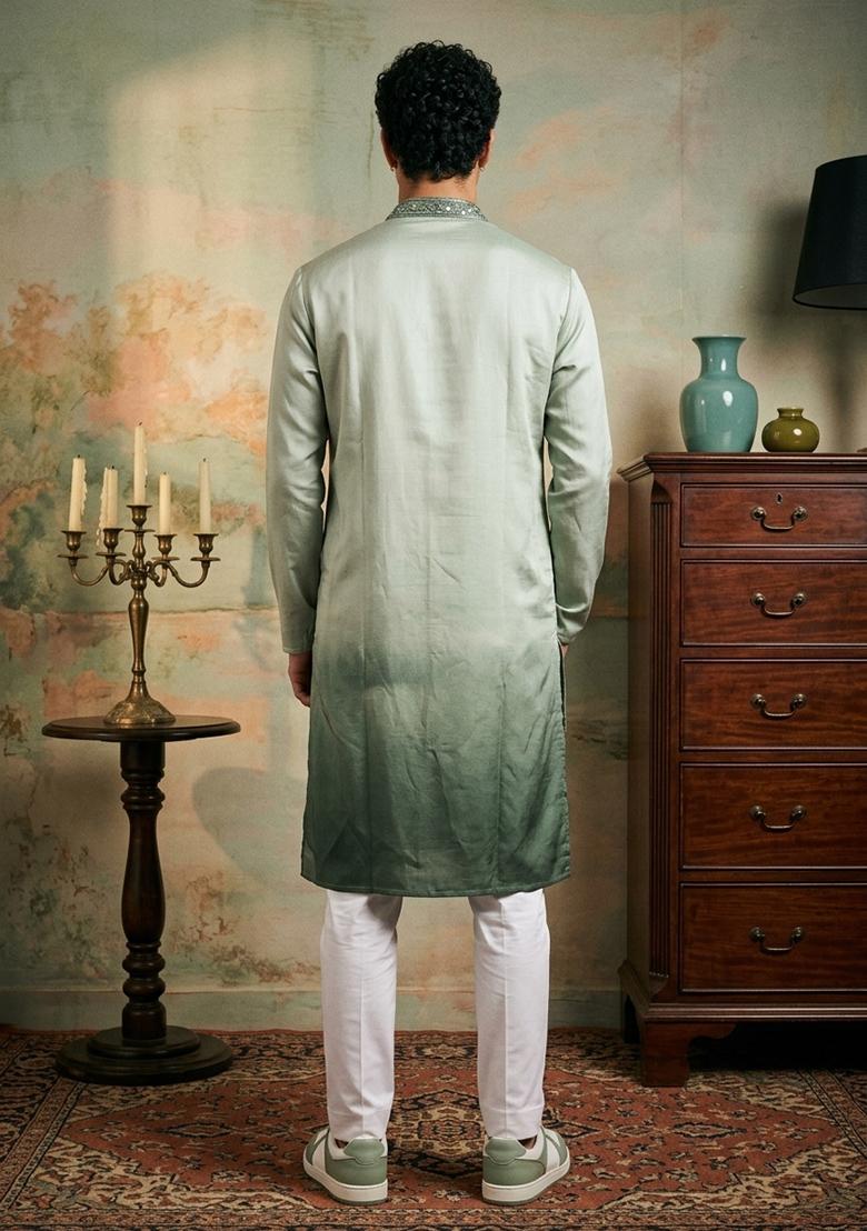 Light Green Embroidery Work Silk Kurta Set - Indya