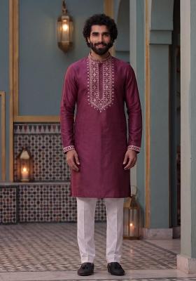 Wine Embroidery Work Silk Kurta Set