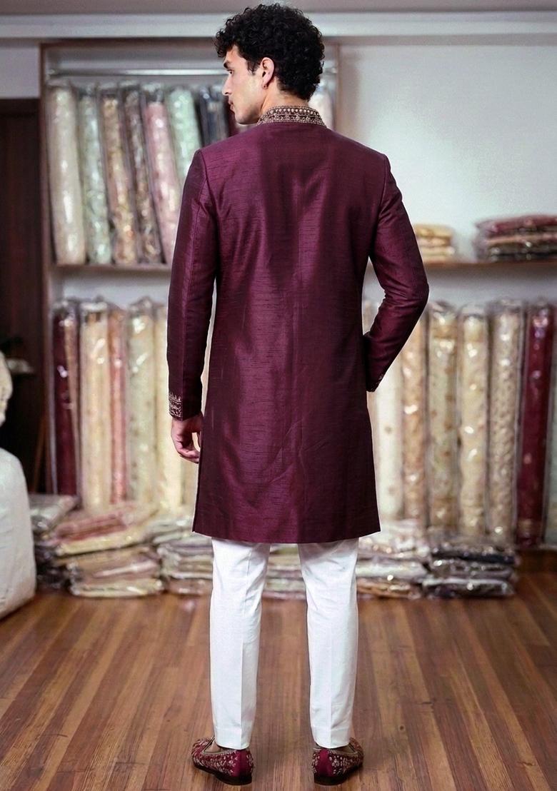 Wine Embroidery Work Silk Kurta Set - Indya