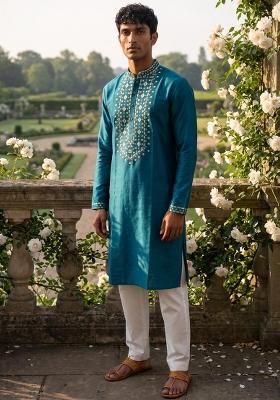 Blue Embroidery Work Silk Kurta Set