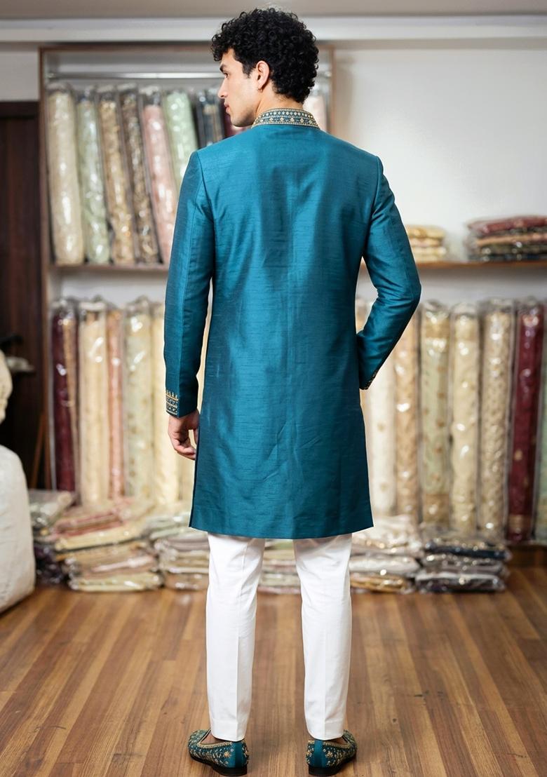 Blue Embroidery Work Silk Kurta Set - Indya
