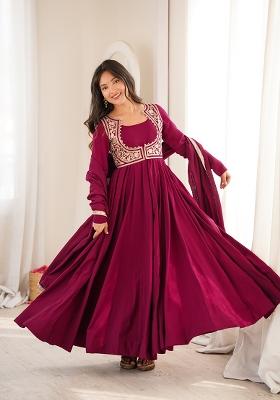 Dark Pink Embroidery Work Chanderi Anarkali Set