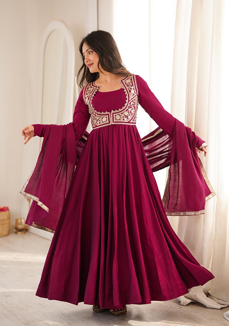 Dark Pink Embroidery Work Chanderi Anarkali Set - Indya