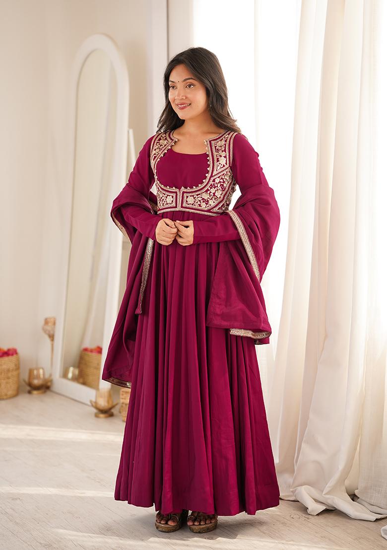 Dark Pink Embroidery Work Chanderi Anarkali Set - Indya