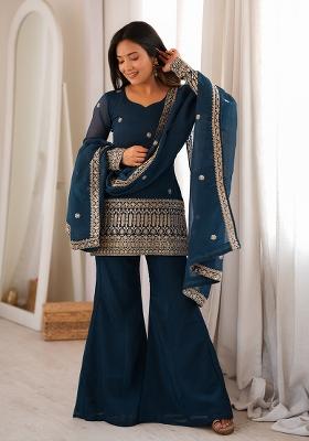 Navy Blue Embroidery Work Silk Kurta Set