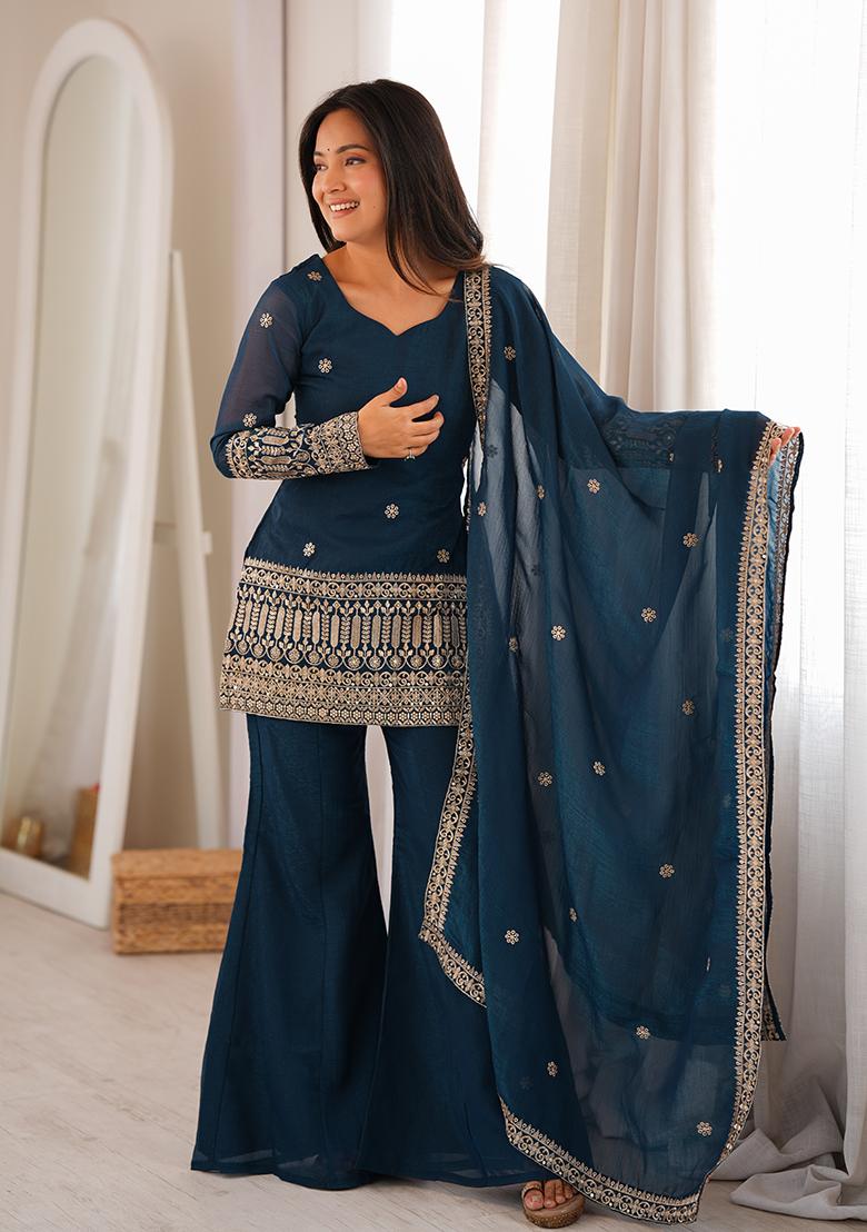 Navy Blue Embroidery Work Silk Kurta Set - Indya