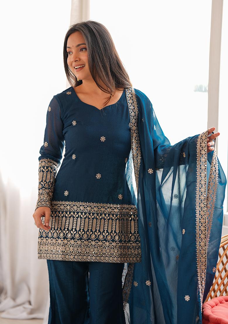 Navy Blue Embroidery Work Silk Kurta Set - Indya
