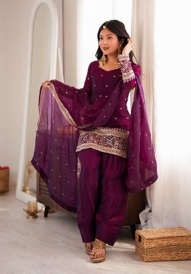 Wine Embroidery Work Silk Kurta Set