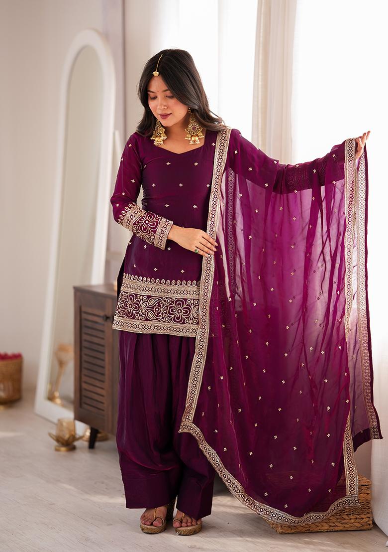 Wine Embroidery Work Silk Kurta Set - Indya